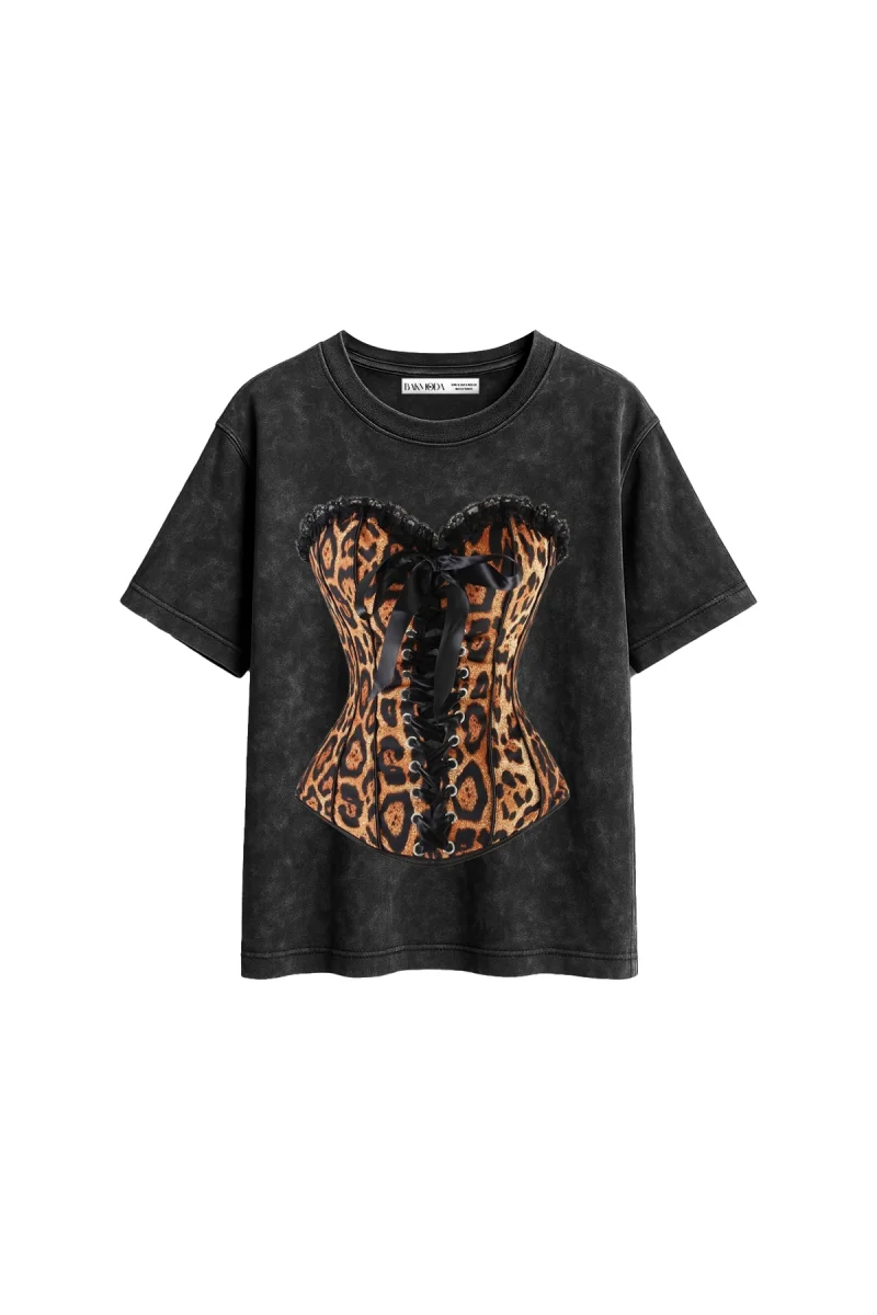 Leopard Corset Baskılı Relaxed Fit Yıkamalı Siyah Kadın Tshirt