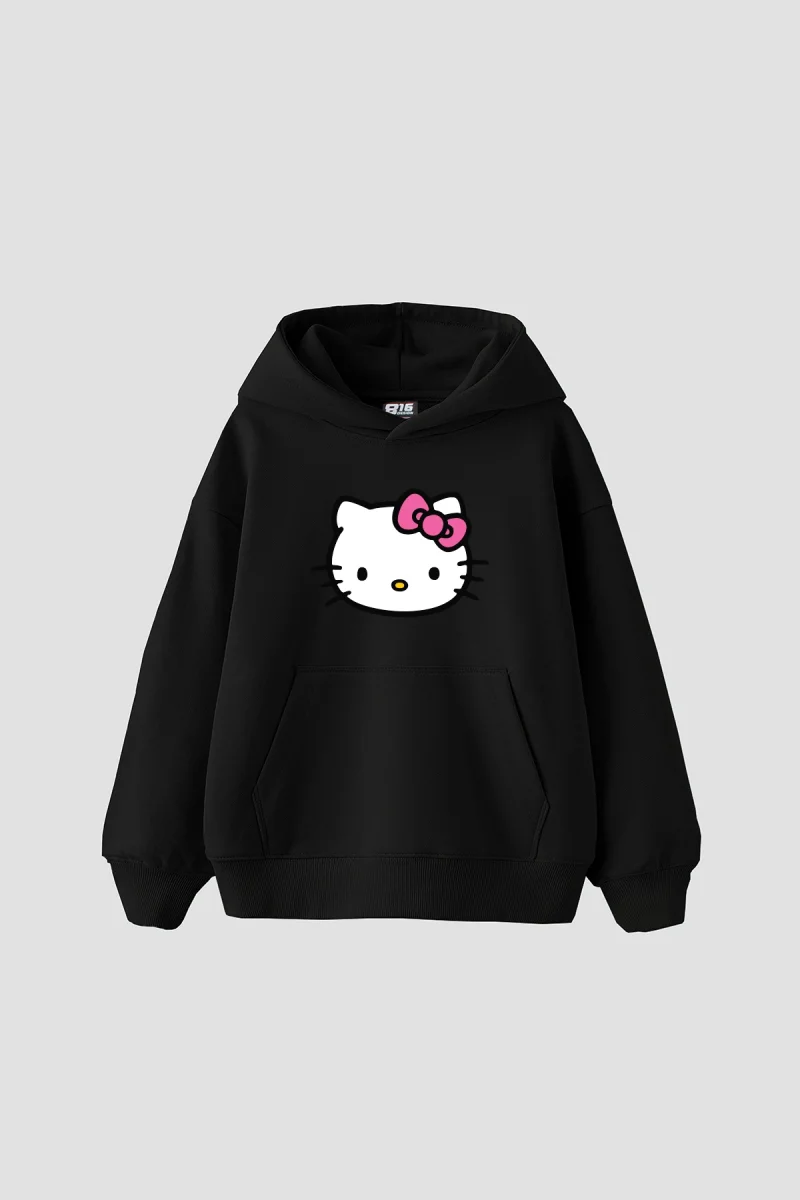 Cute Kitty Baskılı Oversize Unisex Siyah Hoodie