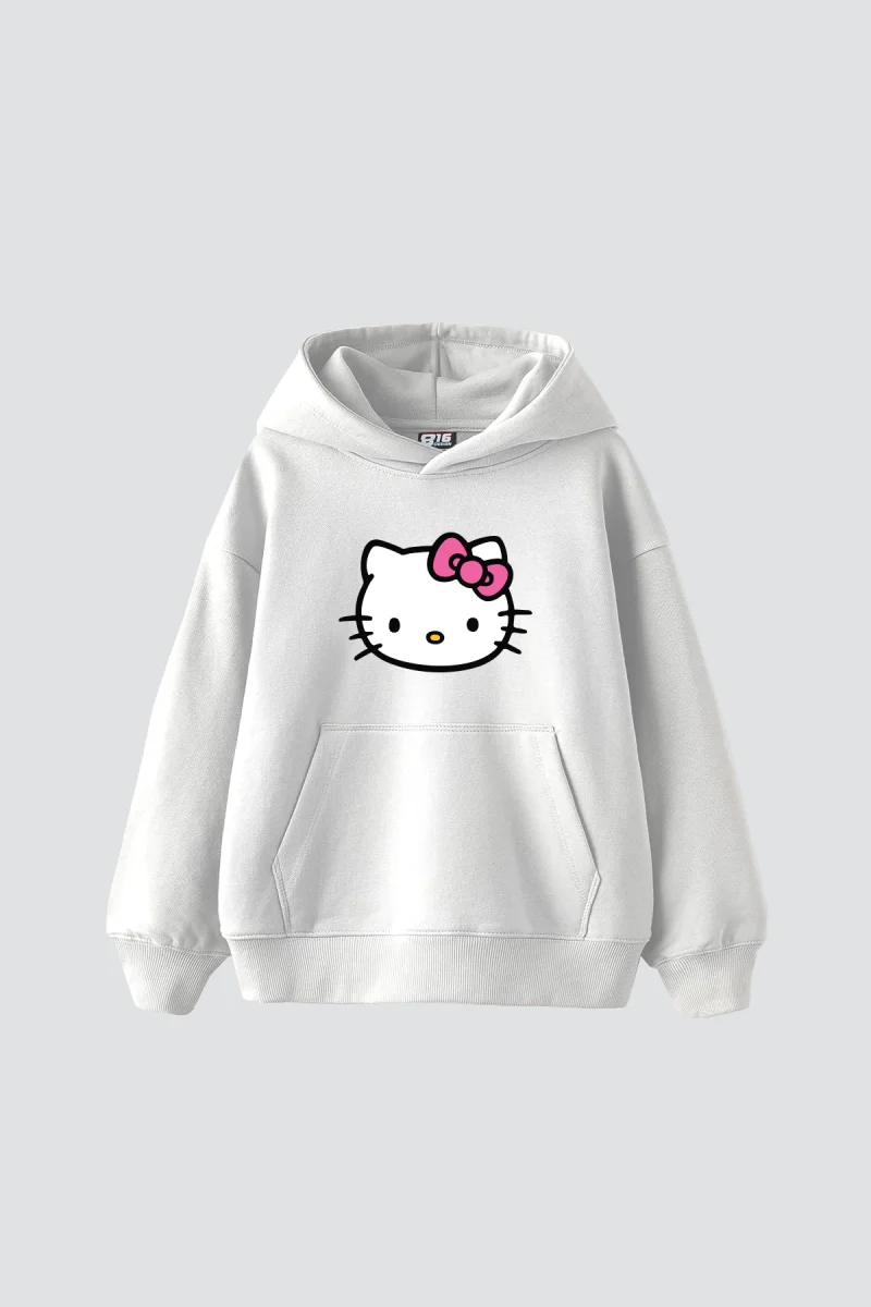 Cute Kitty Baskılı Oversize Unisex Beyaz Hoodie