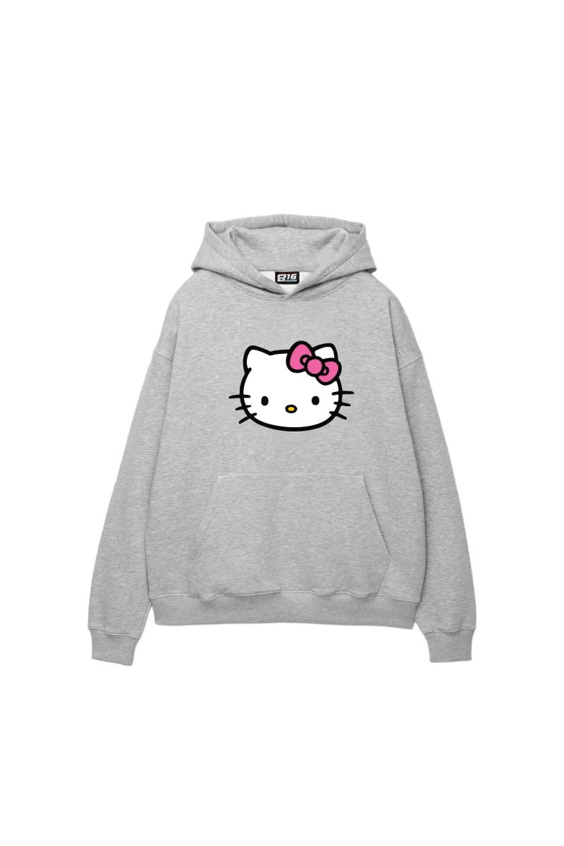 Cute Kitty Baskılı Oversize Unisex Açık Gri Hoodie