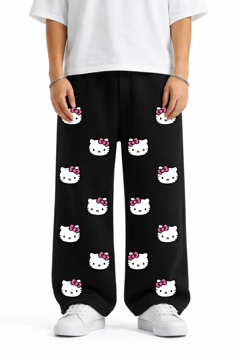 Premium Cute Kitties Wide Leg Erkek Siyah Eşofman Altı