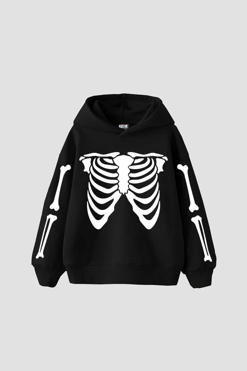 Ribcage Skeleton Baskılı Oversize Unisex Siyah Hoodie