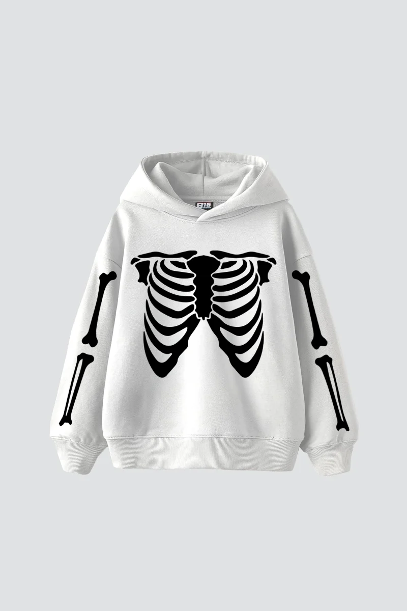 Ribcage Skeleton Baskılı Oversize Unisex Beyaz Hoodie