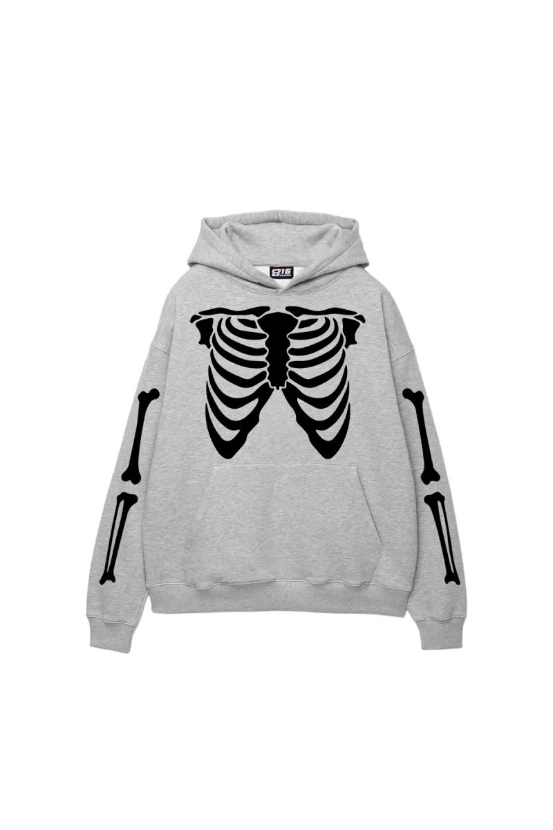 Ribcage Skeleton Baskılı Oversize Unisex Açık Gri Hoodie