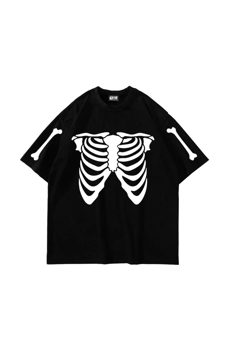 Ribcage Skeleton Baskılı Oversize Unisex Siyah Tshirt