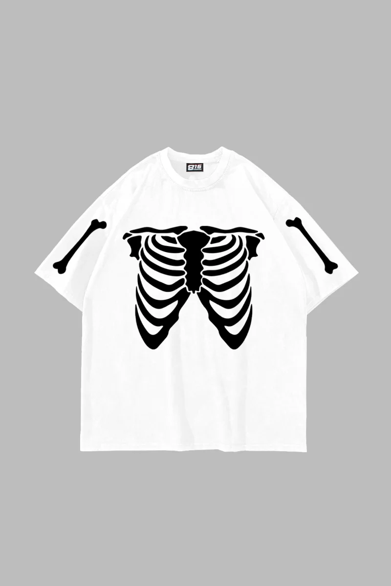 Ribcage Skeleton Baskılı Oversize Unisex Beyaz Tshirt