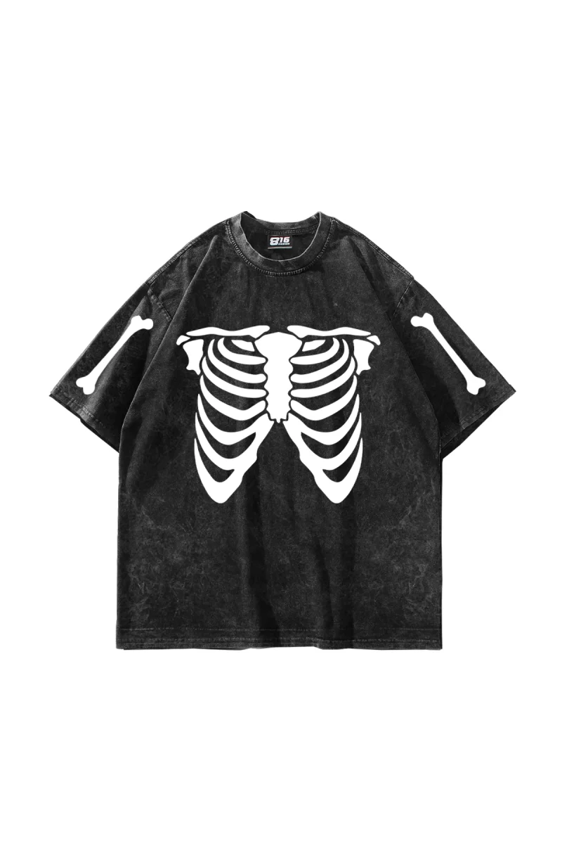 Ribcage Skeleton Baskılı Oversize Unisex Yıkamalı Siyah Tshirt