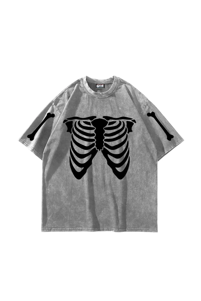 Ribcage Skeleton Baskılı Oversize Unisex Yıkamalı Beyaz Tshirt