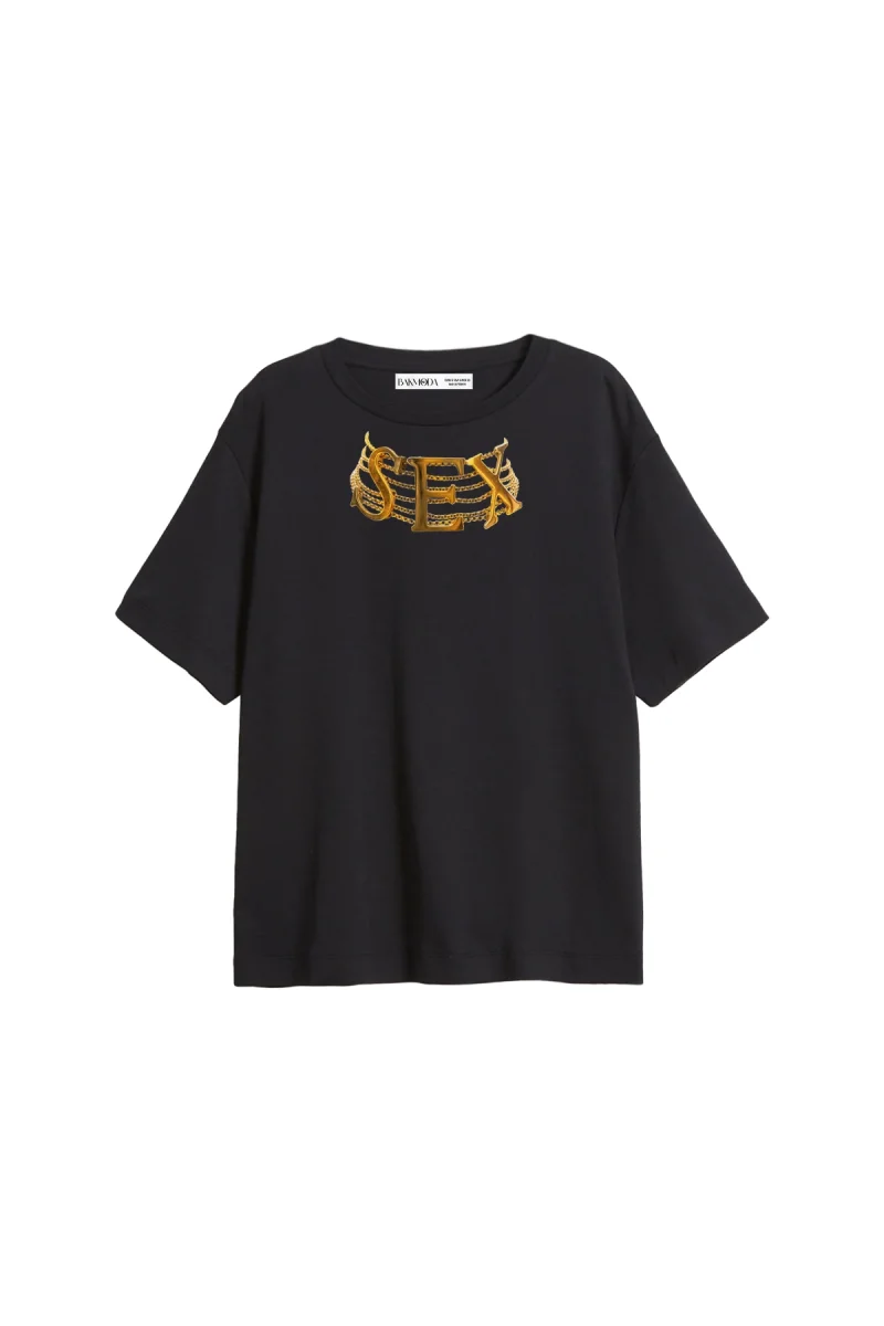 Gold Charm Baskılı Relaxed Fit Siyah Kadın Tshirt