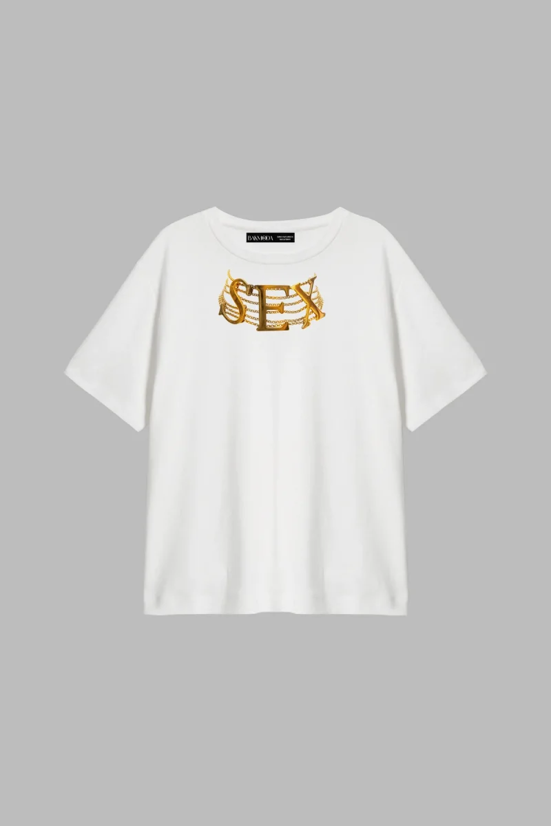 Gold Charm Baskılı Relaxed Fit Beyaz Kadın Tshirt