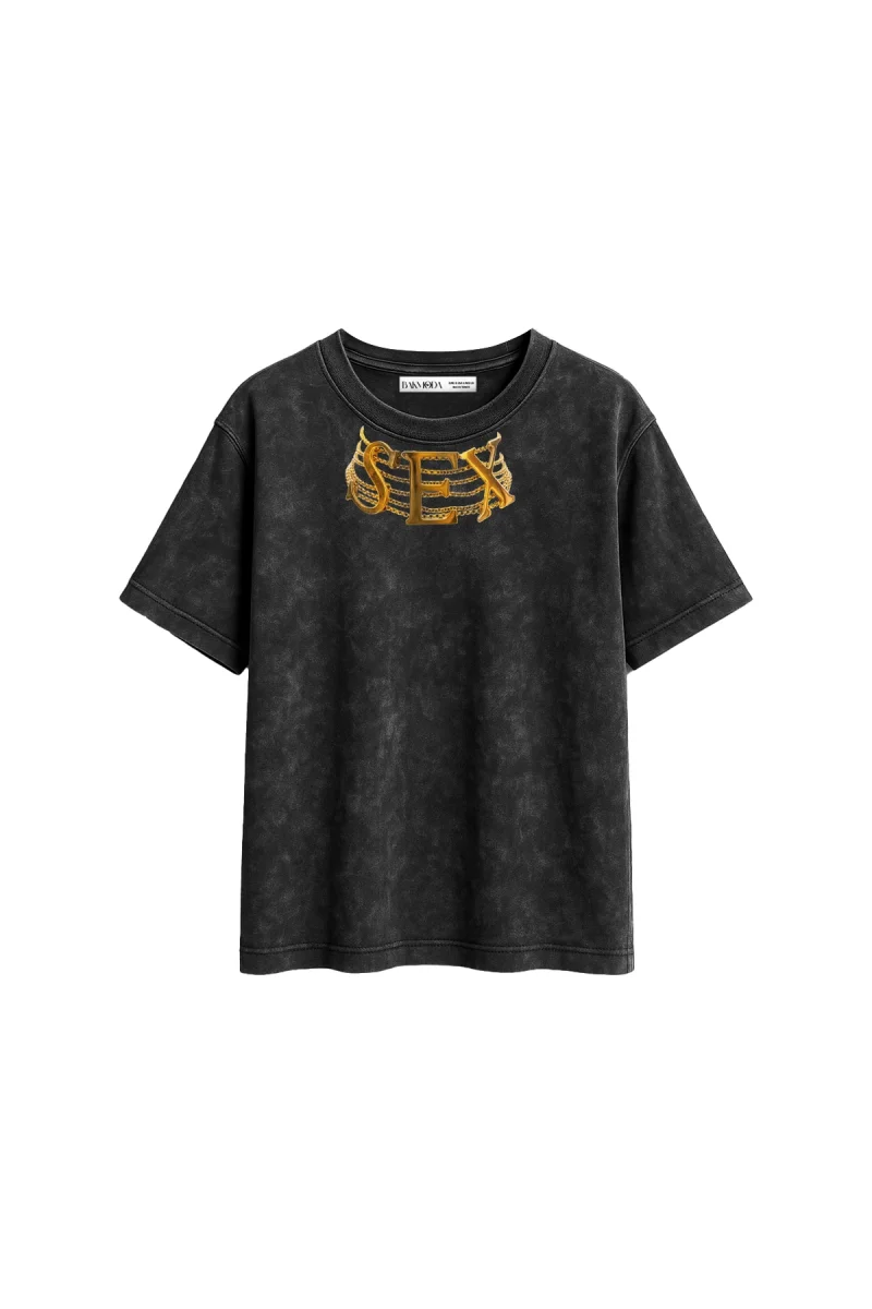 Gold Charm Baskılı Relaxed Fit Yıkamalı Siyah Kadın Tshirt