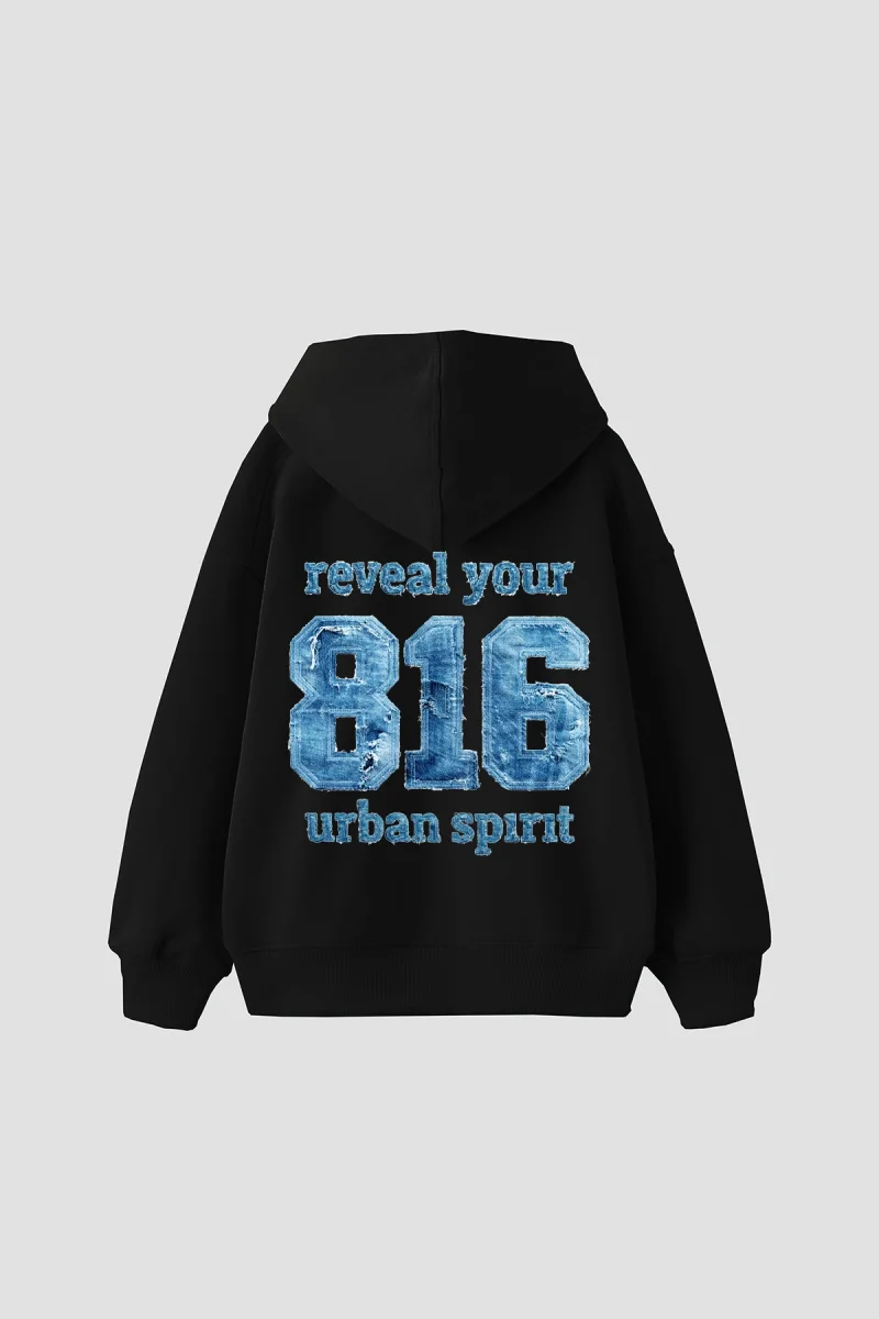 816 Urban Spirit Baskılı Oversize Unisex Siyah Hoodie