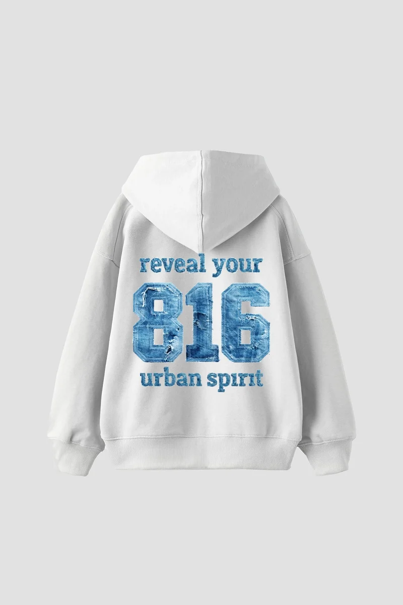 816 Urban Spirit Baskılı Oversize Unisex Beyaz Hoodie