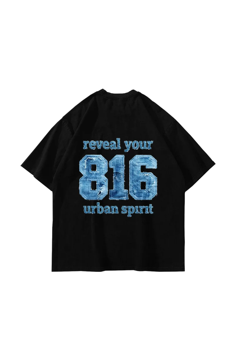 816 Urban Spirit Baskılı Oversize Unisex Siyah Tshirt