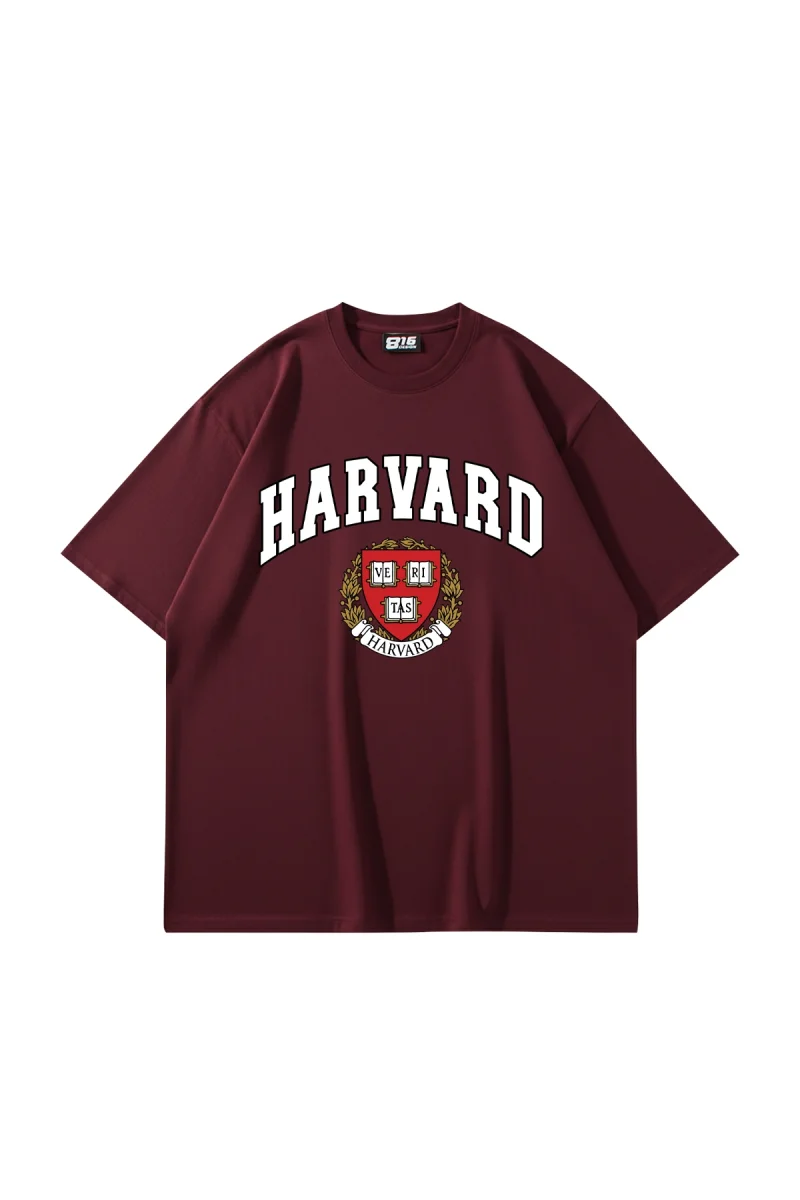 Harvard Baskılı Oversize Unisex Bordo Tshirt