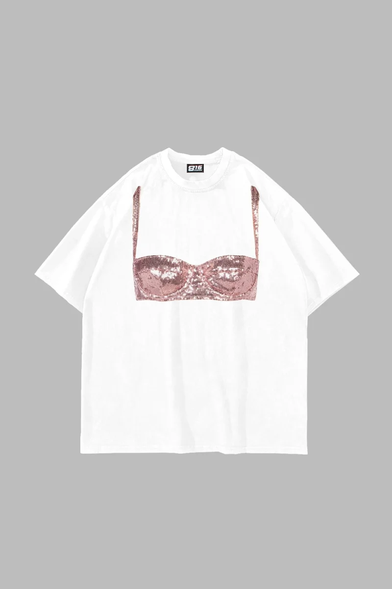 Disco Bralet Baskılı Oversize Unisex Beyaz Tshirt