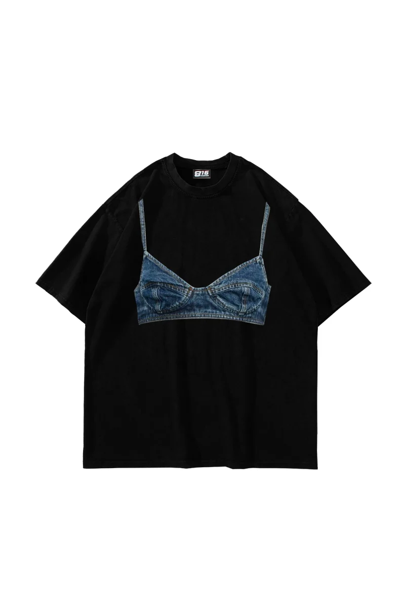 Denim Bra Baskılı Oversize Unisex Siyah Tshirt
