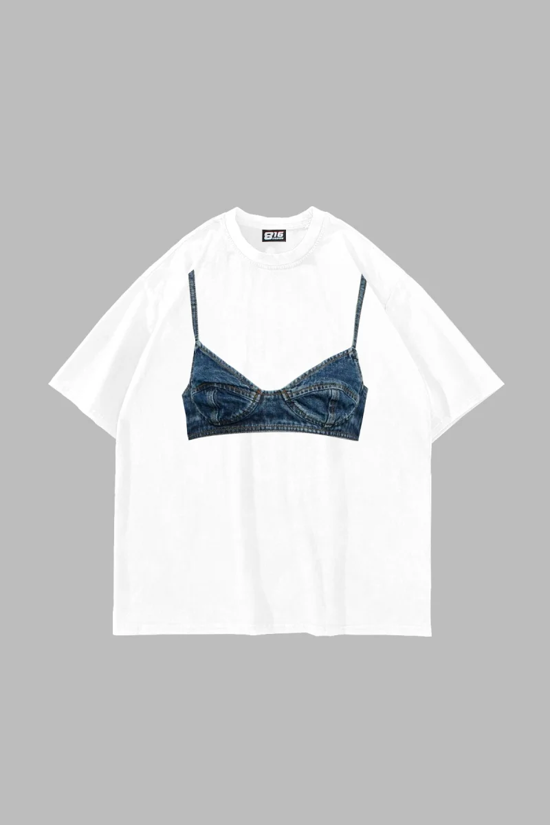 Denim Bra Baskılı Oversize Unisex Beyaz Tshirt