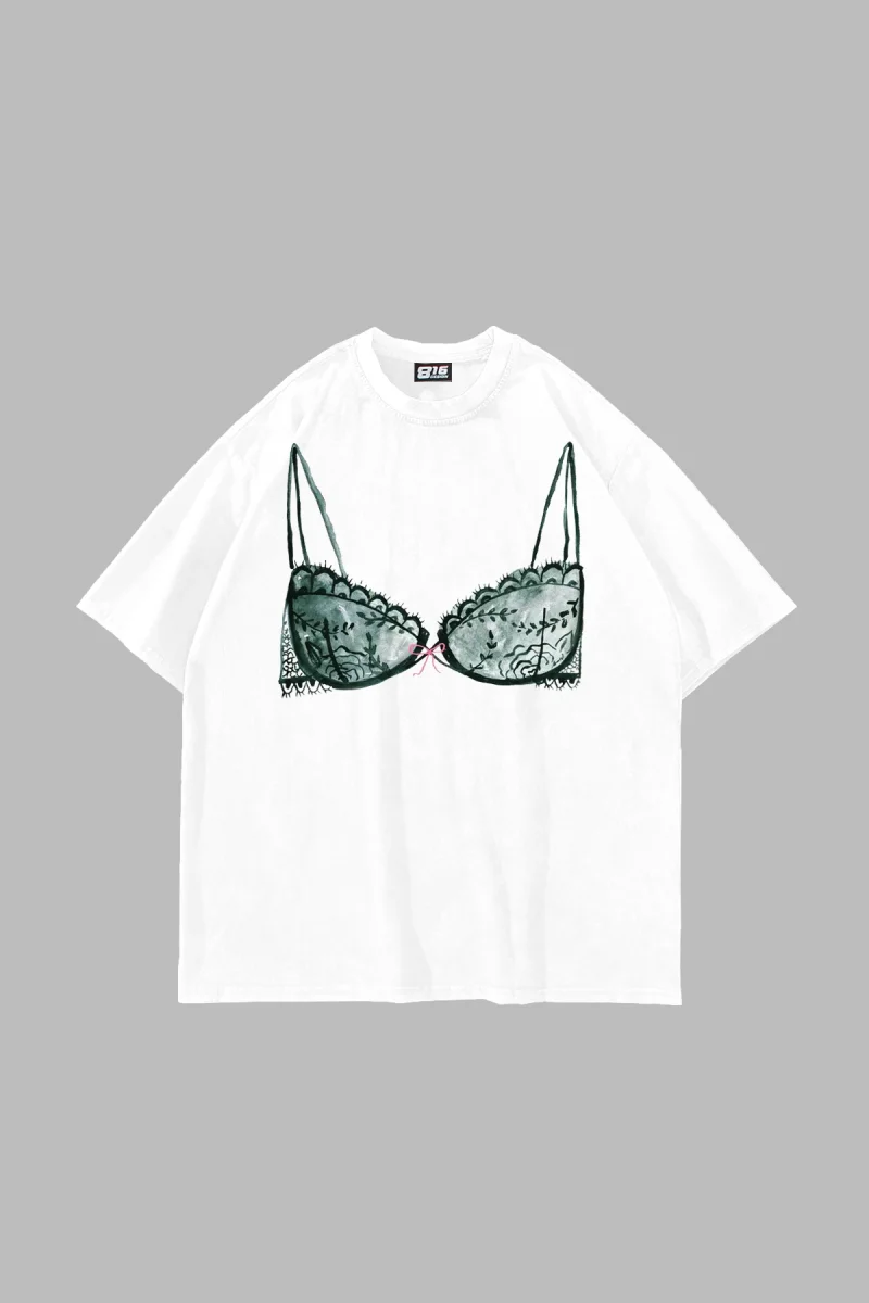 Fiyonk Bikini Baskılı Oversize Unisex Beyaz Tshirt