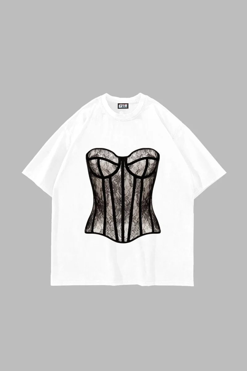 Fit Corset Baskılı Oversize Unisex Beyaz Tshirt
