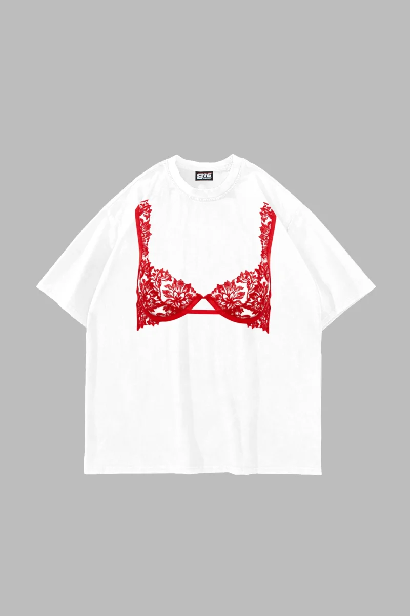 Red Bra Baskılı Oversize Unisex Beyaz Tshirt