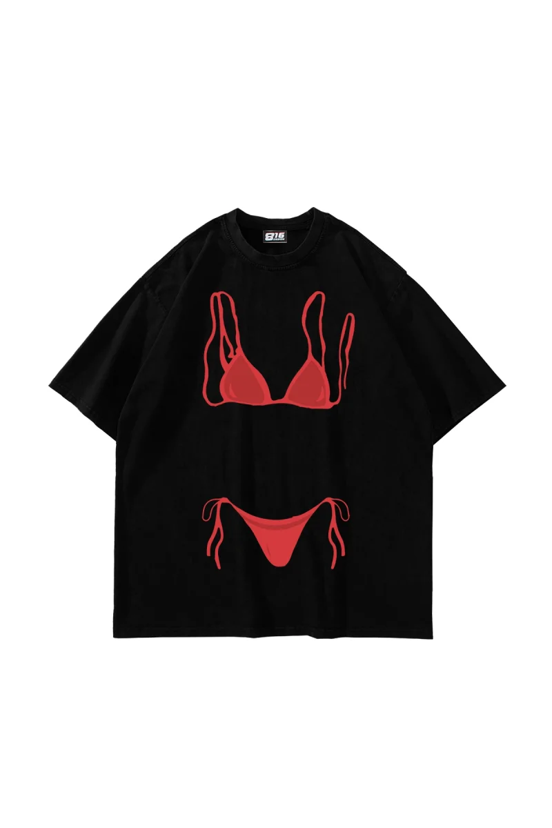 Bikini Fun Baskılı Oversize Unisex Siyah Tshirt