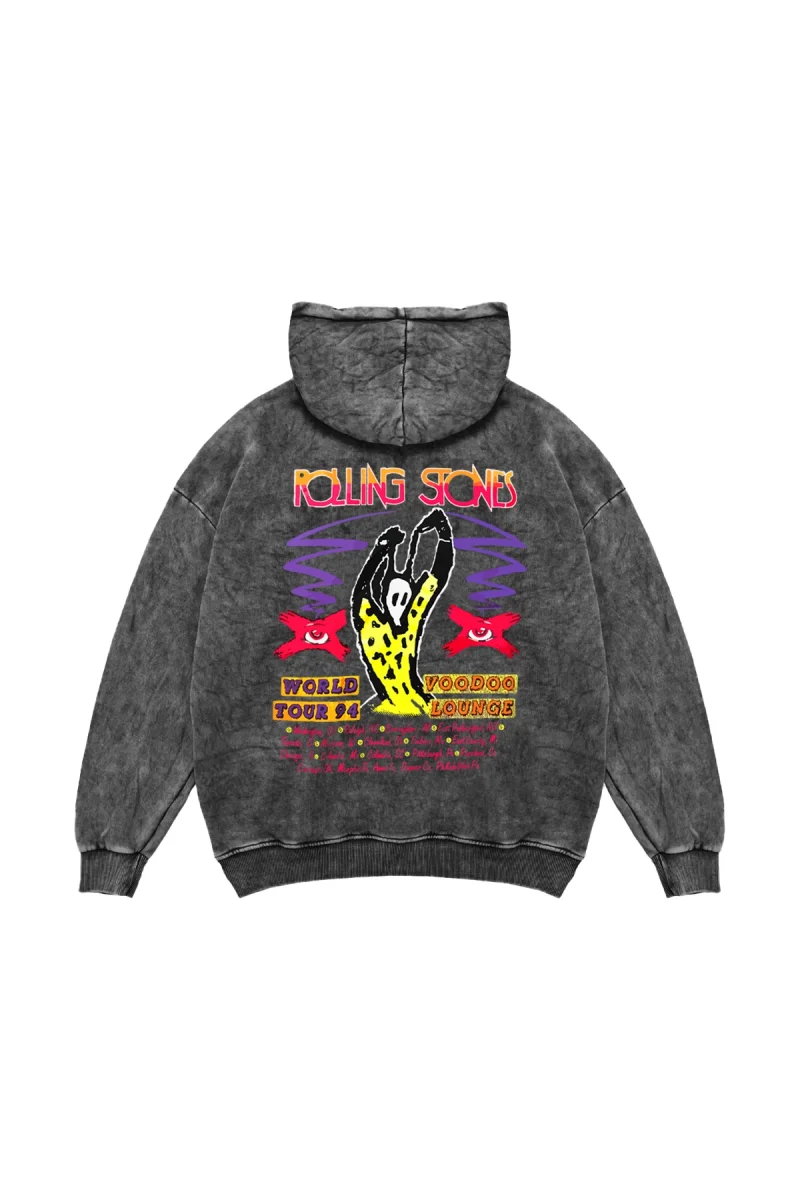 Rolling Stones Voodo Lounge Baskılı Oversize Unisex Yıkamalı Siyah Hoodie