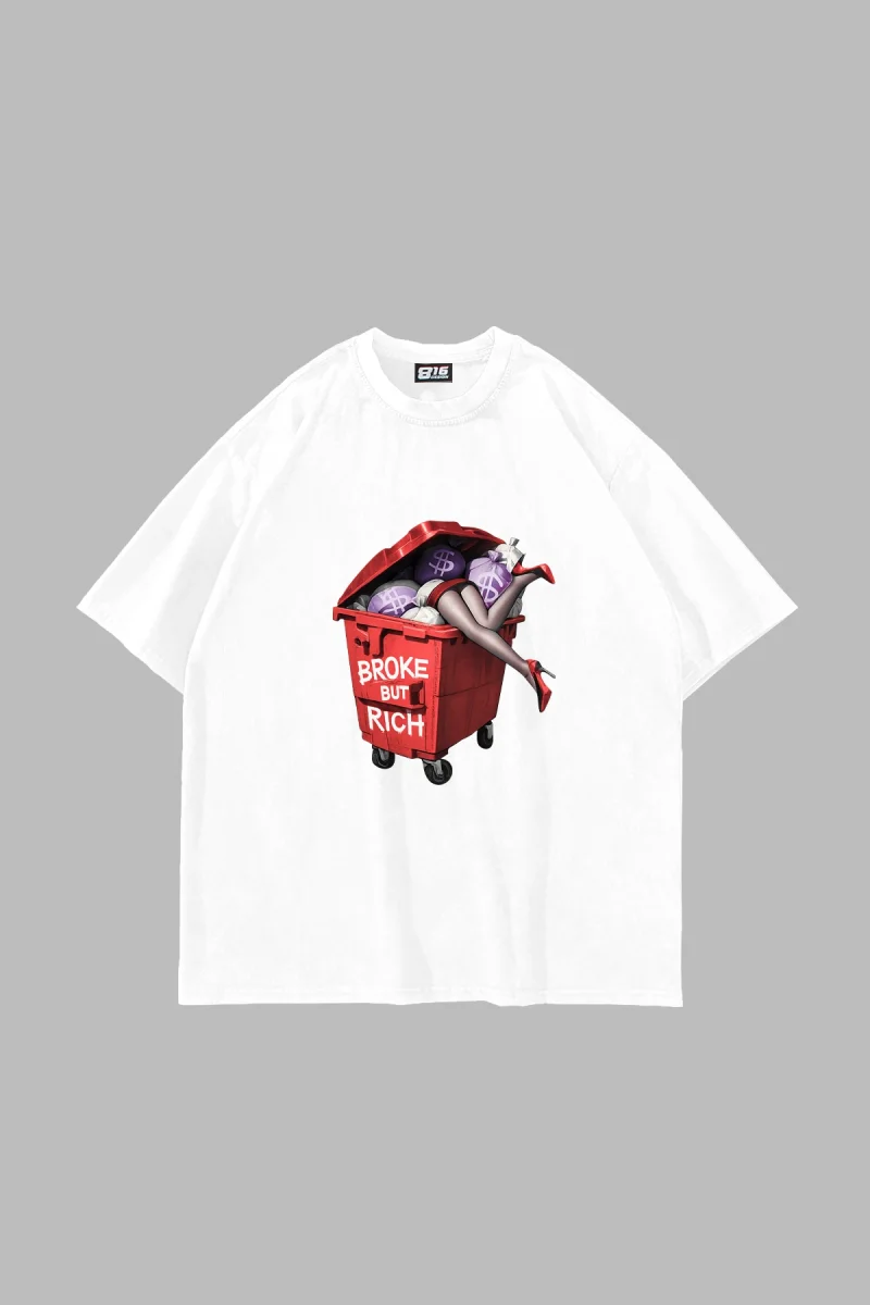 Broke But Rich Baskılı Oversize Unisex Beyaz Tshirt