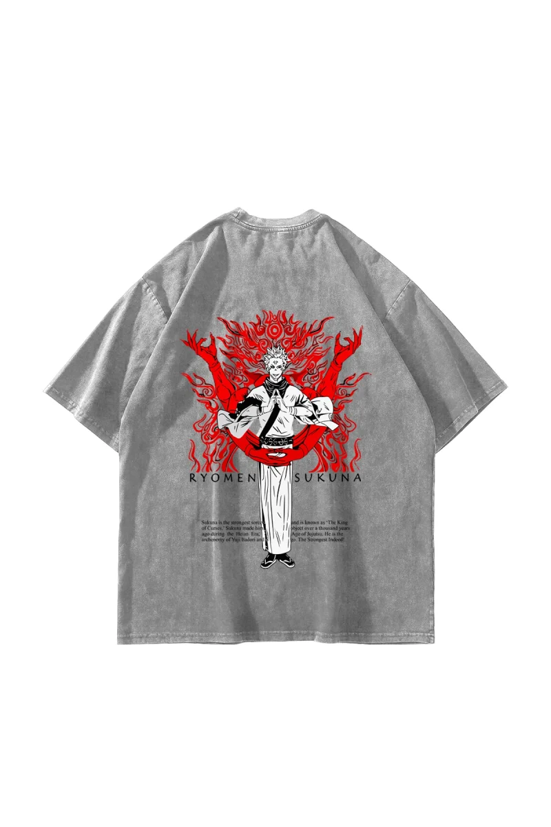 Ryomen Sukuna Baskılı Oversize Unisex Yıkamalı Beyaz Tshirt