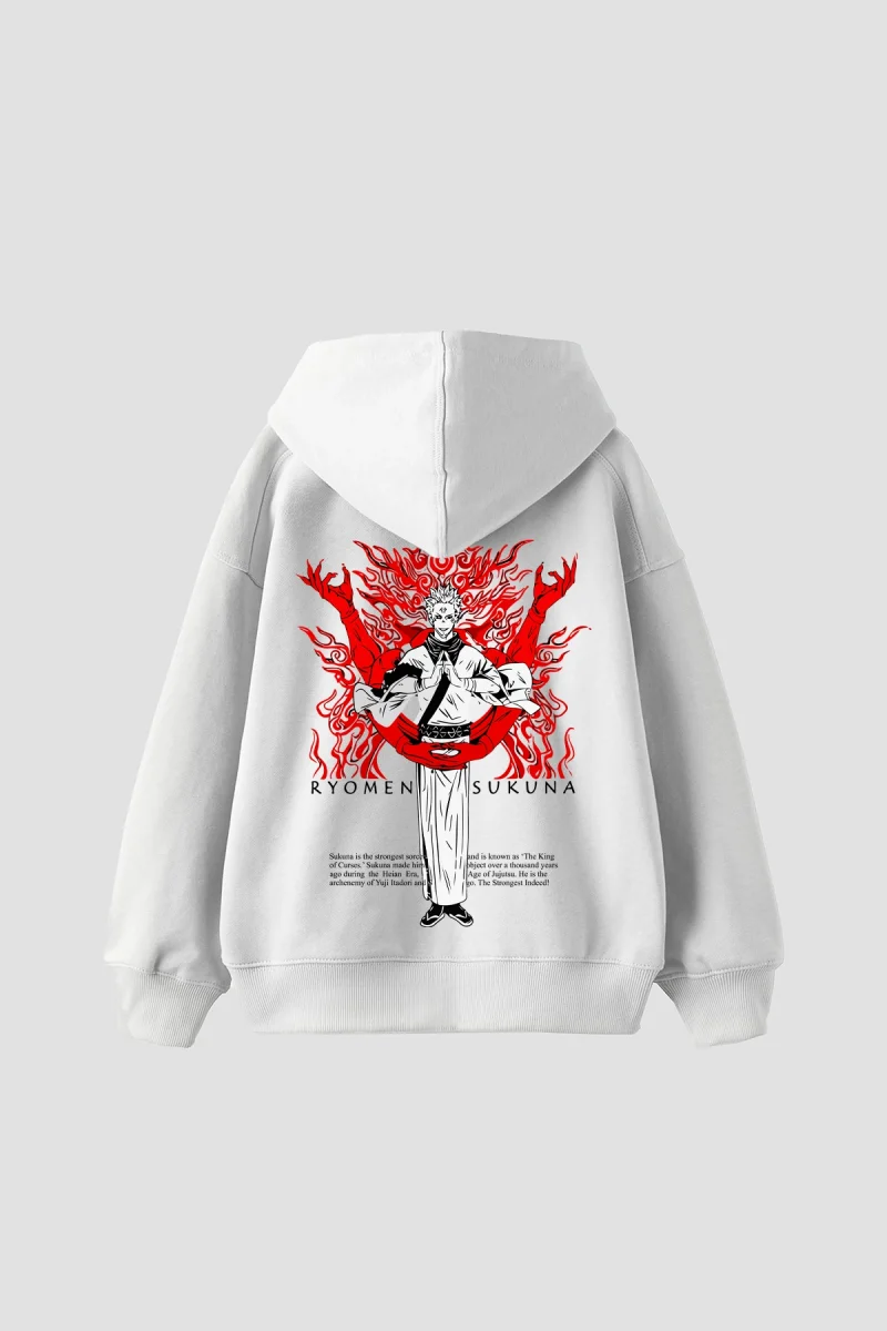 Ryomen Sukuna Baskılı Oversize Unisex Beyaz Hoodie