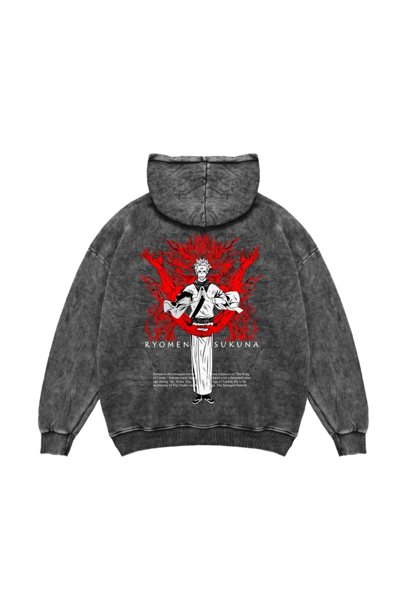 Ryomen Sukuna Baskılı Oversize Unisex Yıkamalı Siyah Hoodie