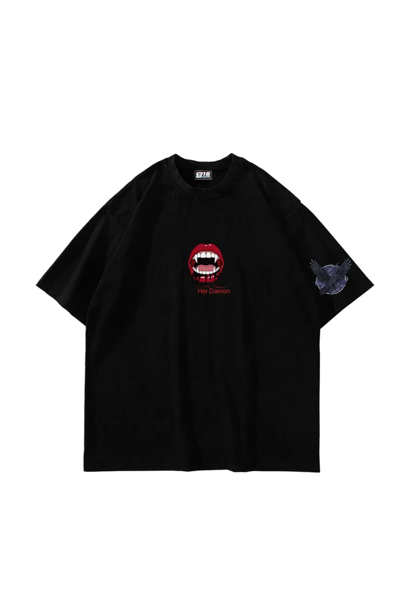 Her Damon Baskılı Oversize Unisex Siyah Tshirt