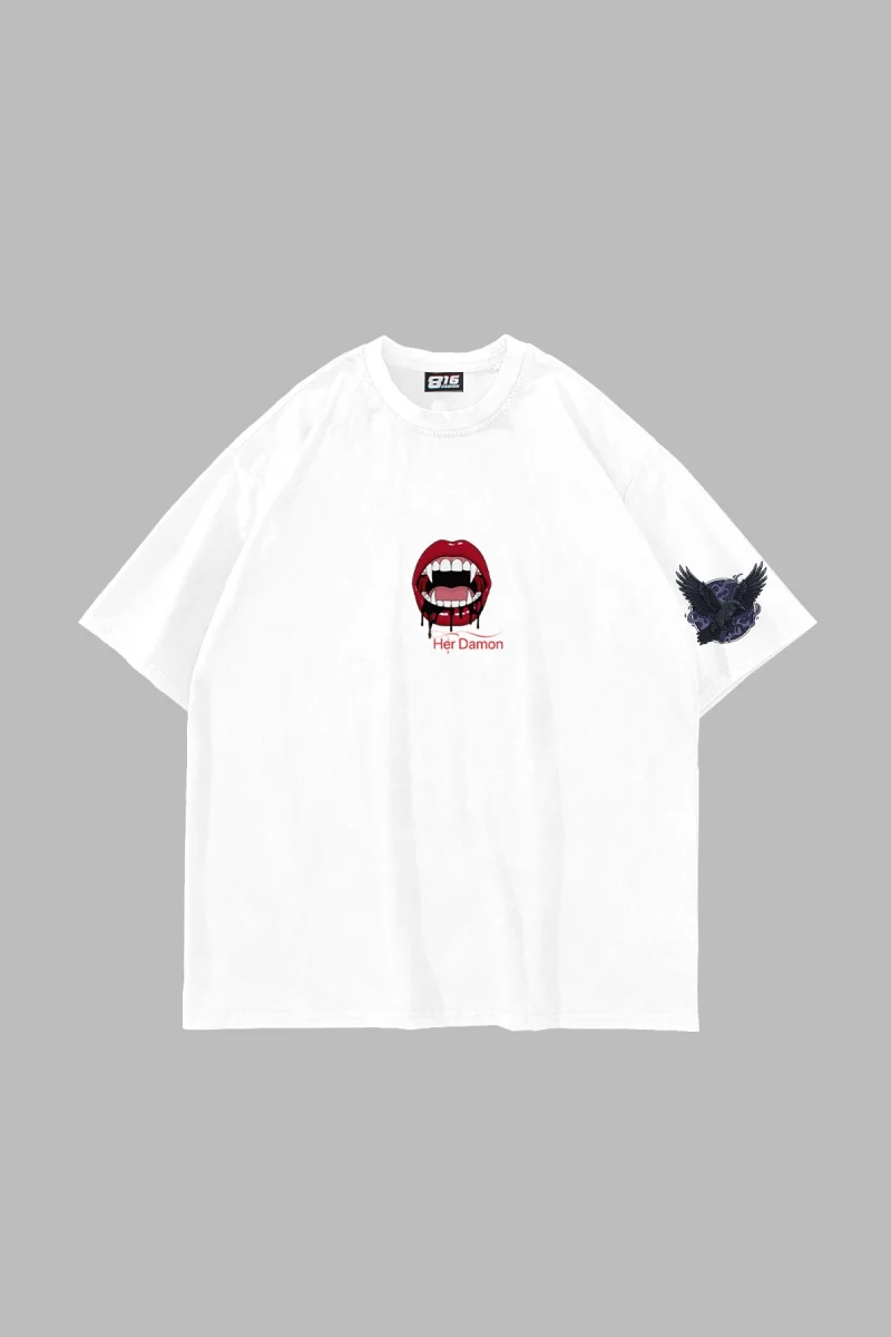 Her Damon Baskılı Oversize Unisex Beyaz Tshirt