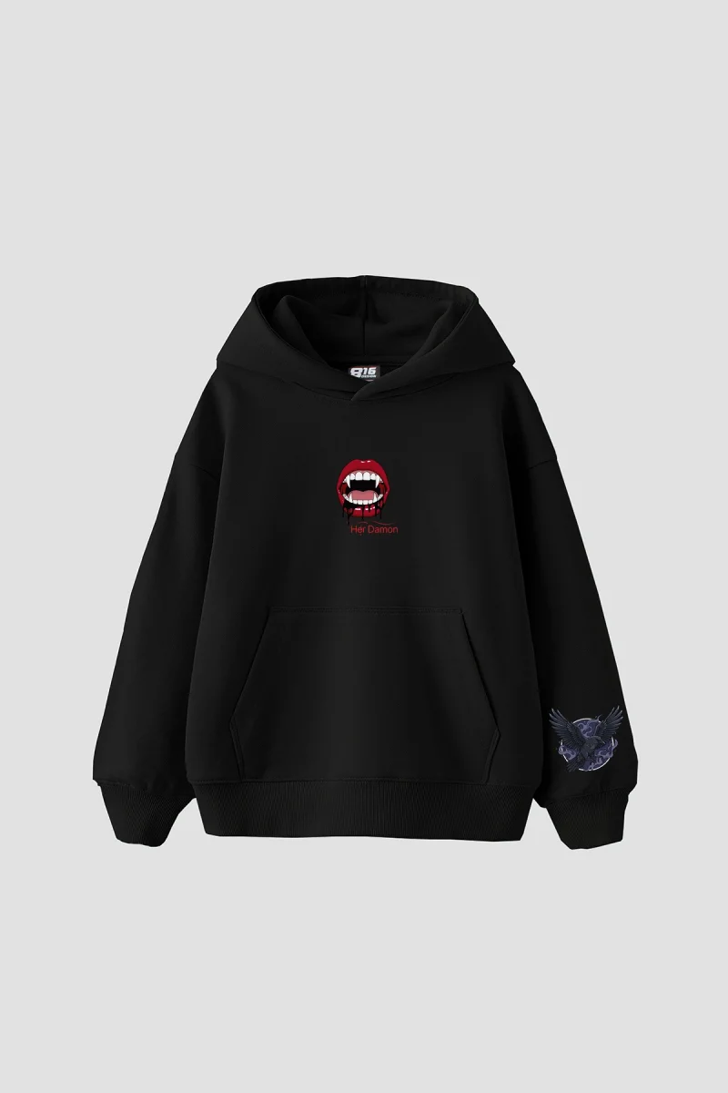 Her Damon Baskılı Oversize Unisex Siyah Hoodie