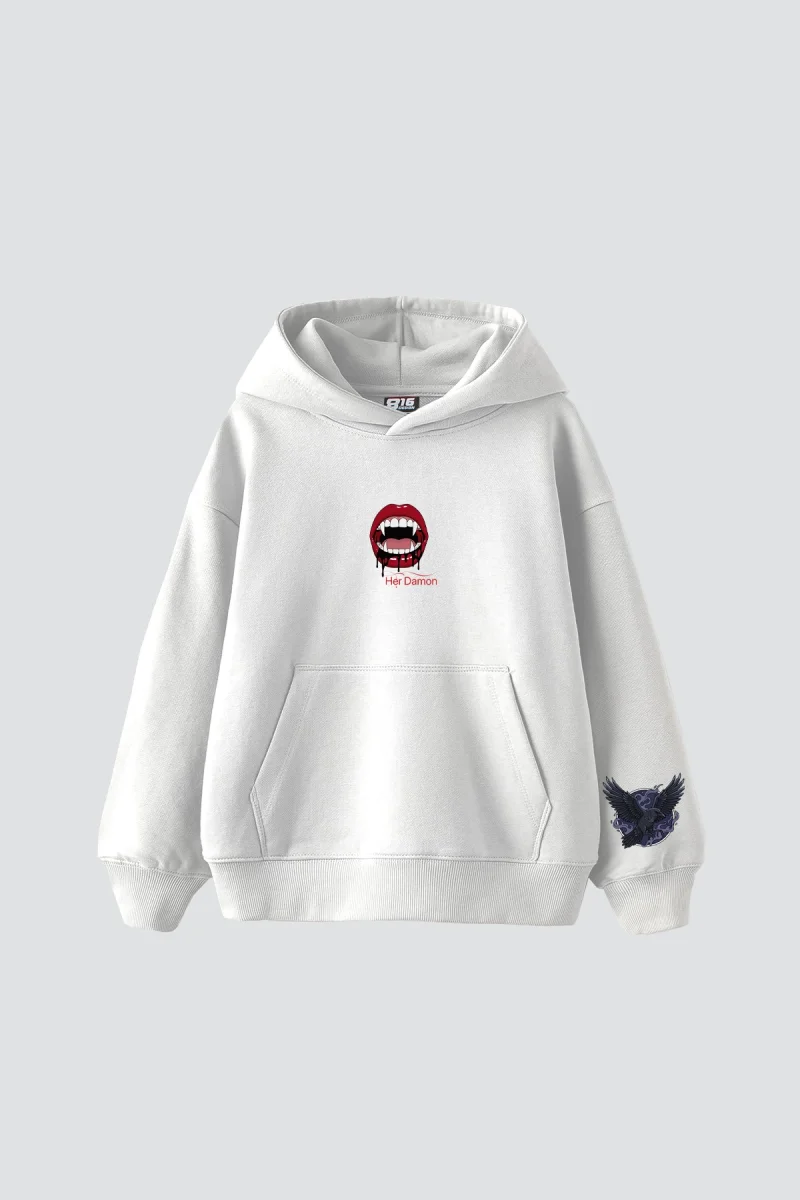 Her Damon Baskılı Oversize Unisex Beyaz Hoodie
