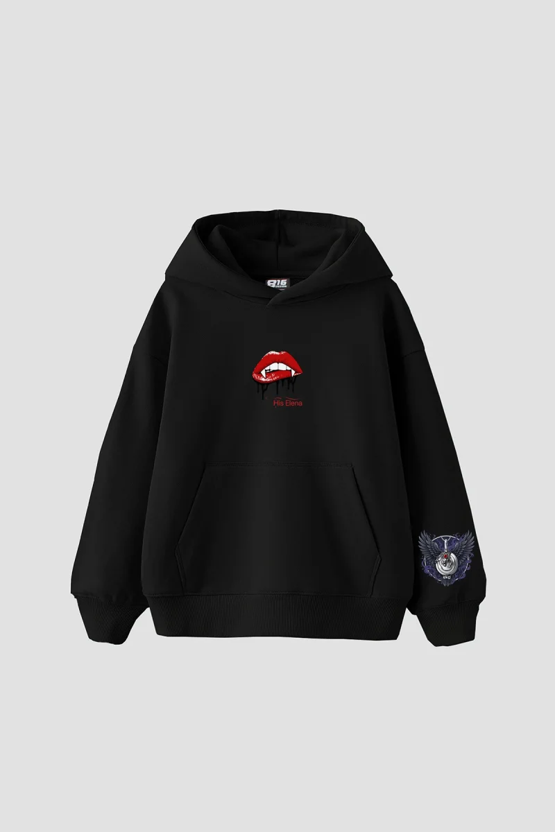 His Elena Baskılı Oversize Unisex Siyah Hoodie