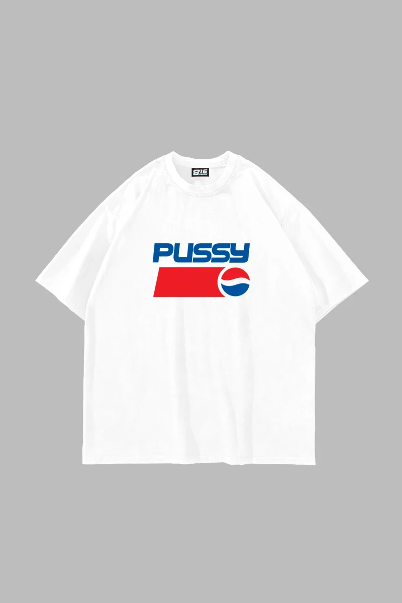 Pussy Baskılı Oversize Unisex Beyaz Tshirt