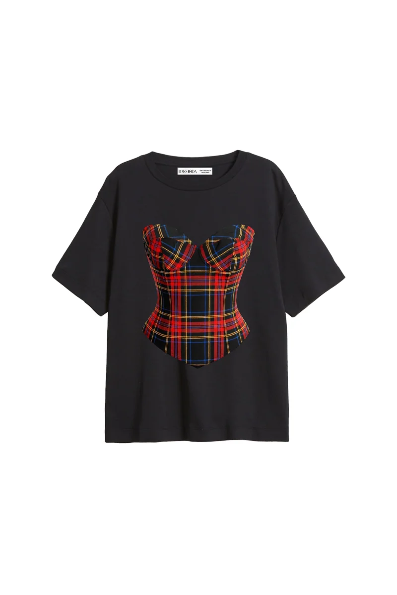 Ekose Baskılı Relaxed Fit Siyah Kadın Tshirt