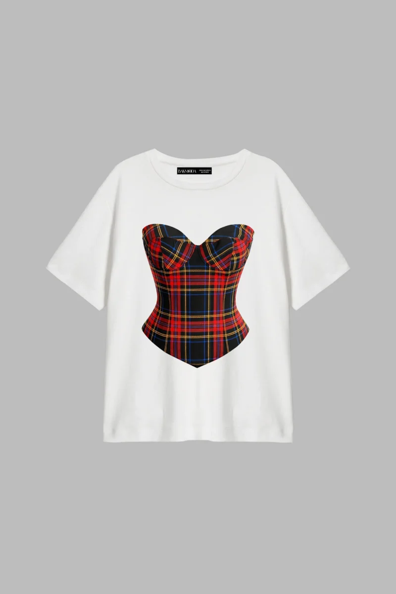 Ekose Baskılı Relaxed Fit Beyaz Kadın Tshirt