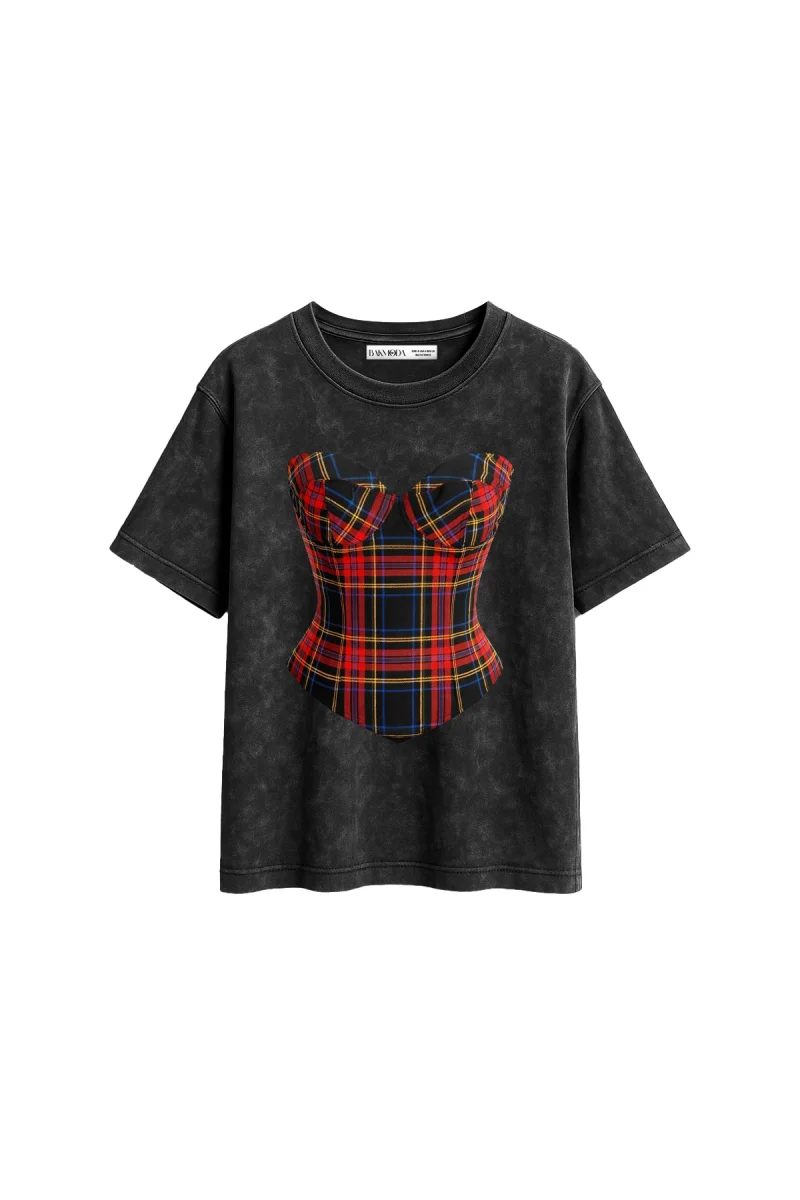 Ekose Baskılı Relaxed Fit Yıkamalı Siyah Kadın Tshirt