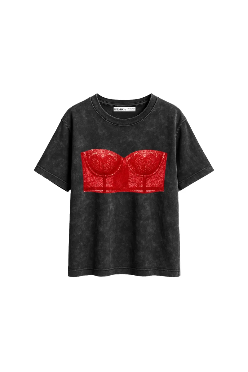 Lace Red Baskılı Relaxed Fit Yıkamalı Siyah Kadın Tshirt