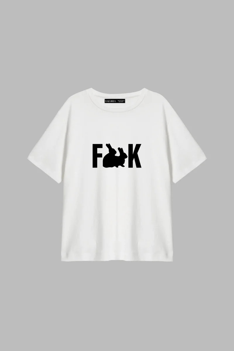 Bunnyes Baskılı Relaxed Fit Beyaz Kadın Tshirt