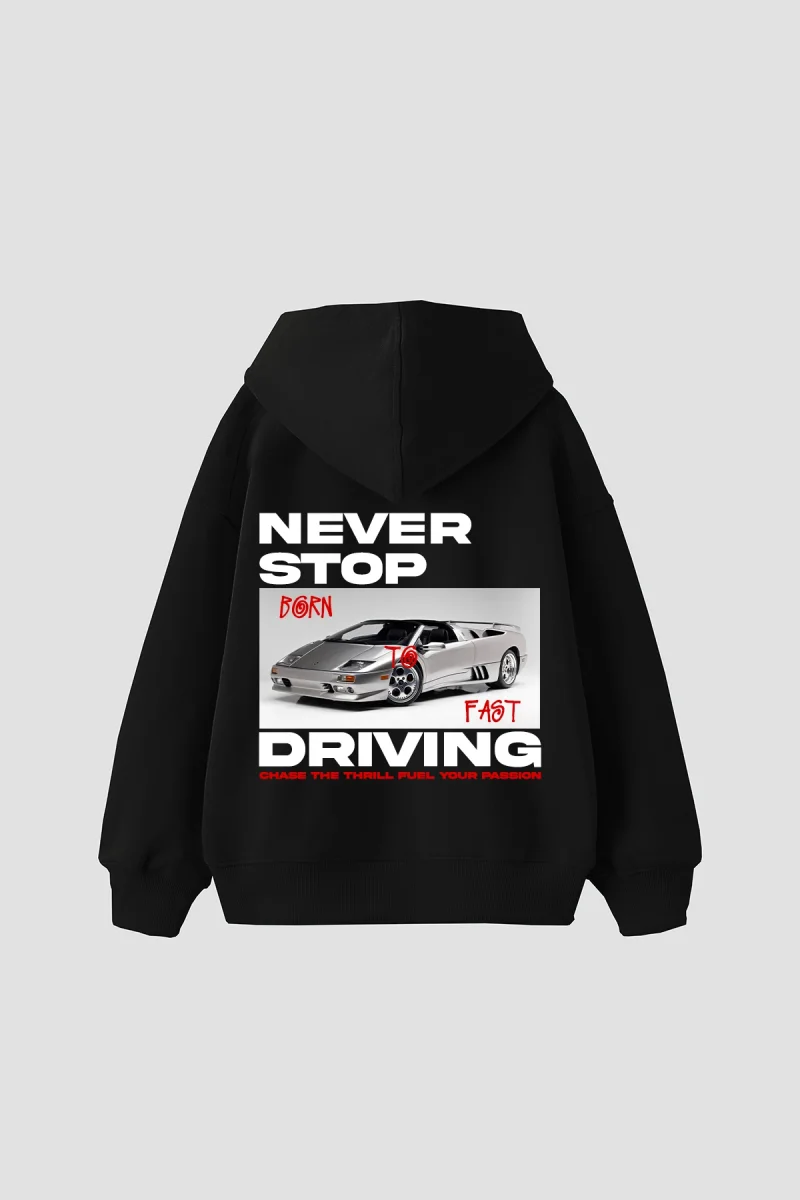 Never Stop Baskılı Oversize Unisex Siyah Hoodie