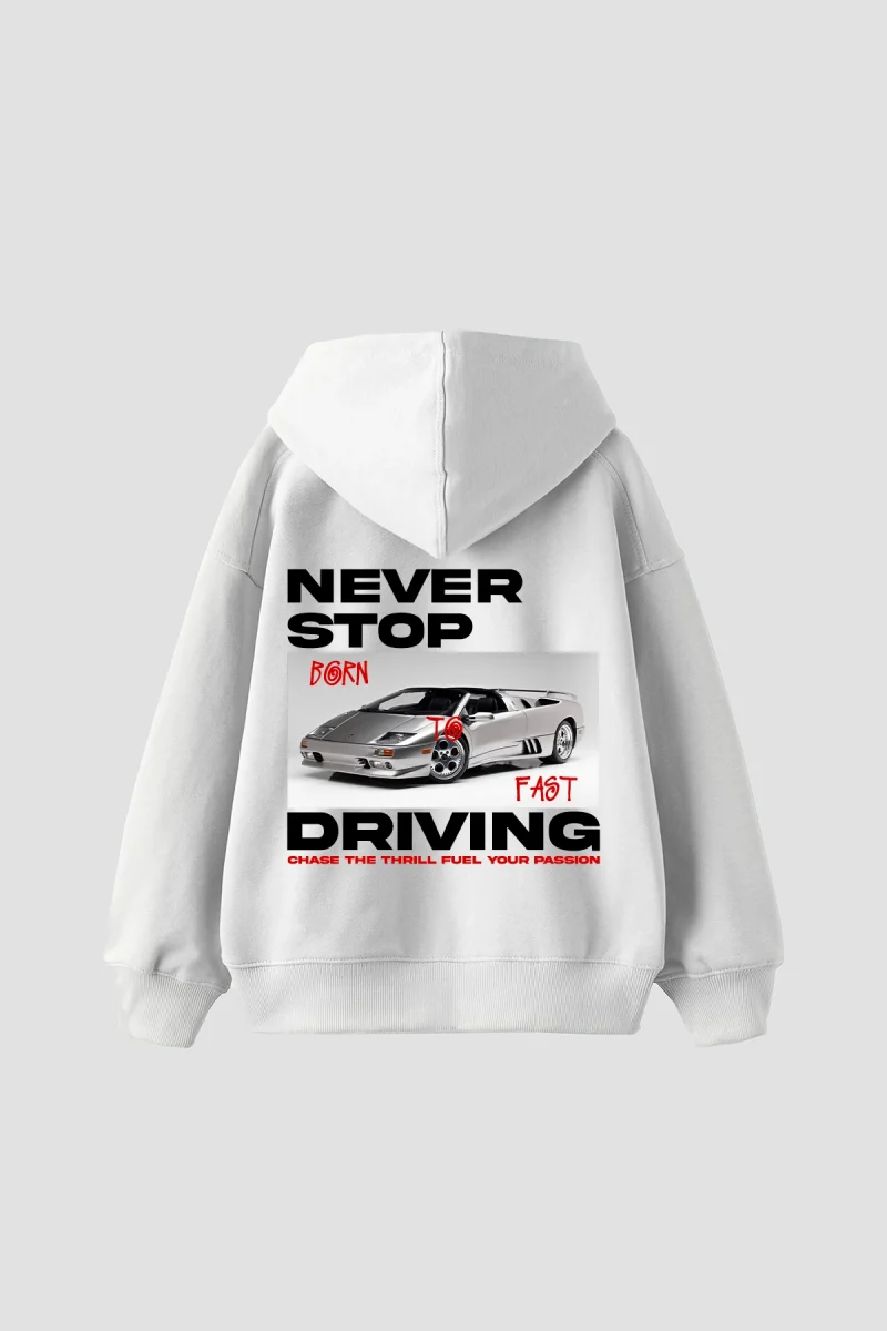 Never Stop Baskılı Oversize Unisex Beyaz Hoodie