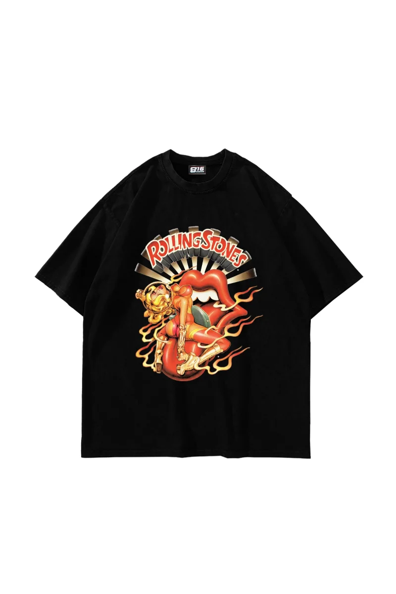 Rolling Hot Baskılı Oversize Unisex Siyah Tshirt