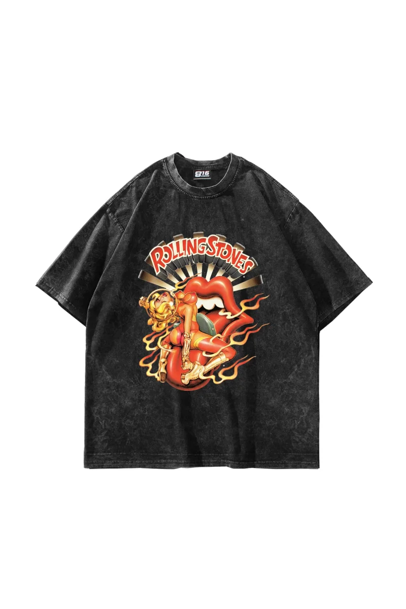 Rolling Hot Baskılı Oversize Unisex Yıkamalı Siyah Tshirt