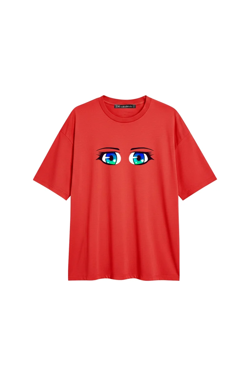 Manga Eye Baskılı Rahat Kalıp 30/1 Unisex Kırmızı Tshirt