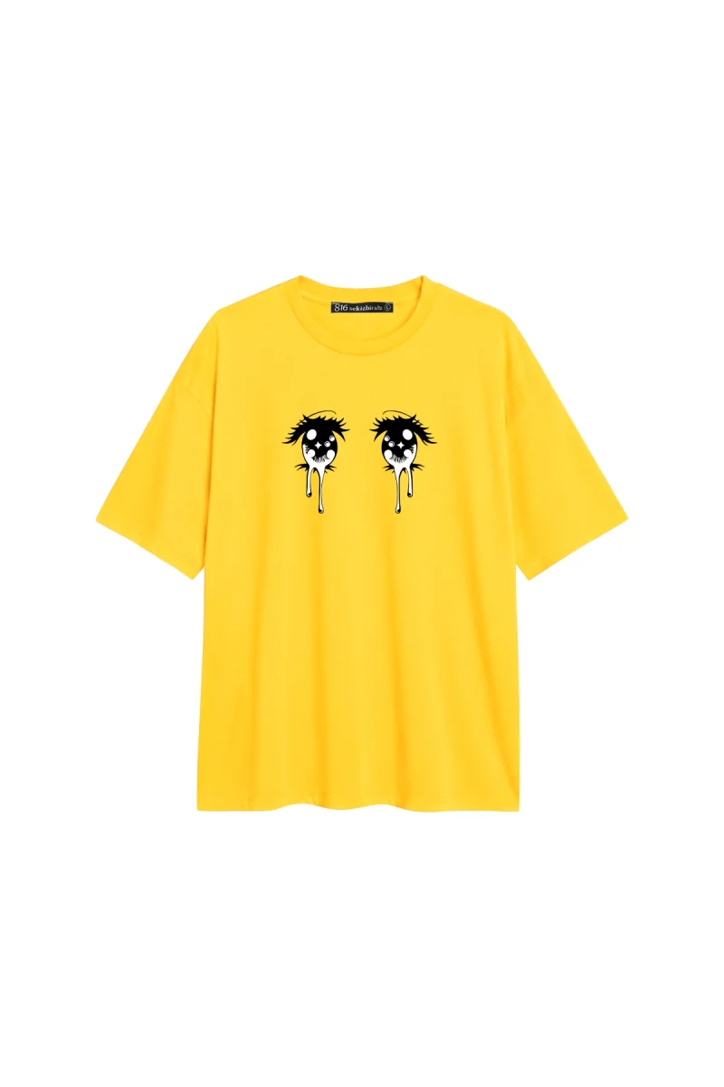 Anime Eye Baskılı Rahat Kalıp 30/1 Unisex Sarı Tshirt