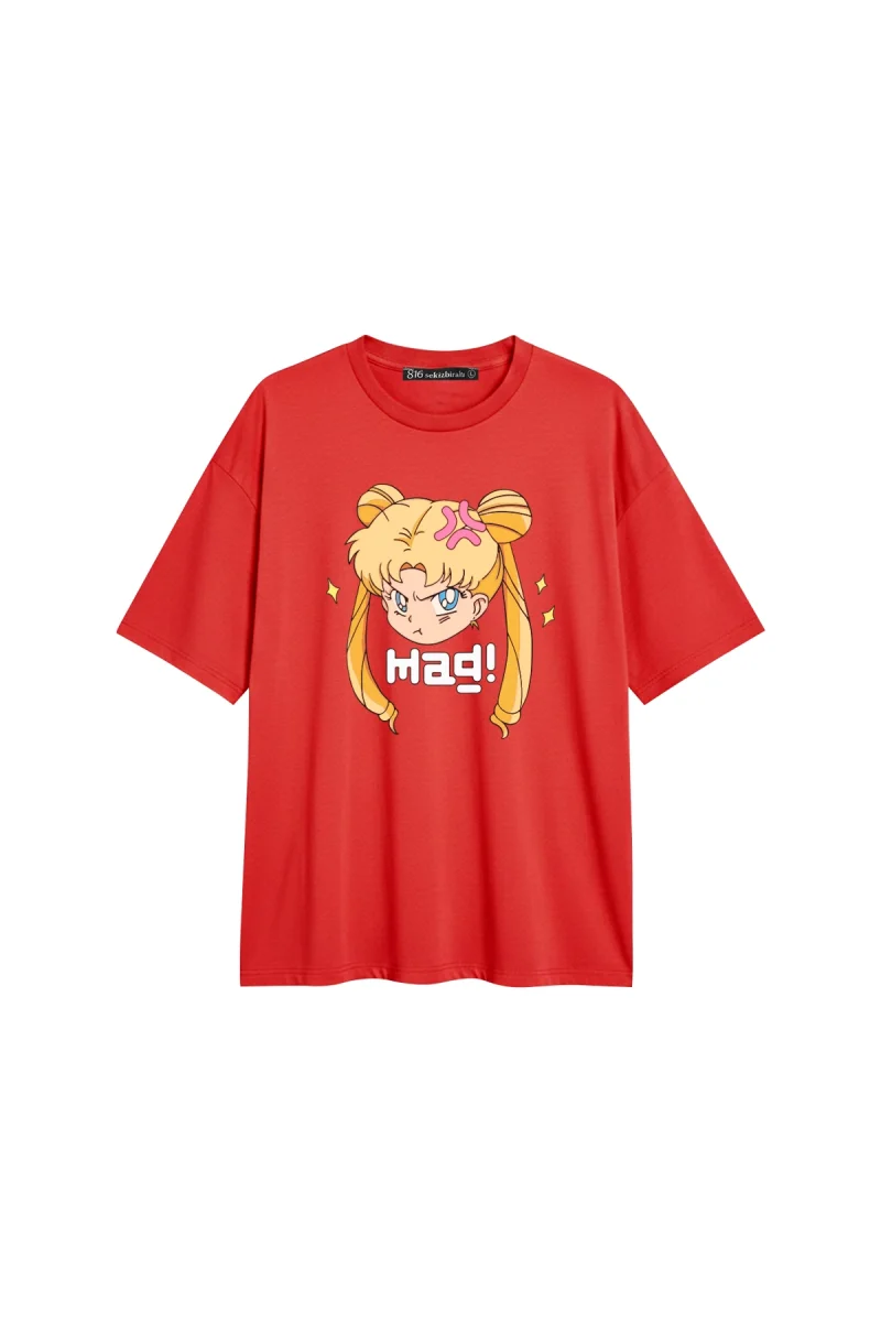 Sailor Moon Baskılı Rahat Kalıp 30/1 Unisex Kırmızı Tshirt
