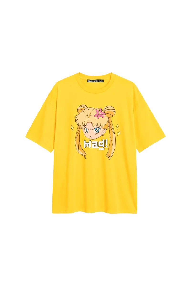 Sailor Moon Baskılı Rahat Kalıp 30/1 Unisex Sarı Tshirt